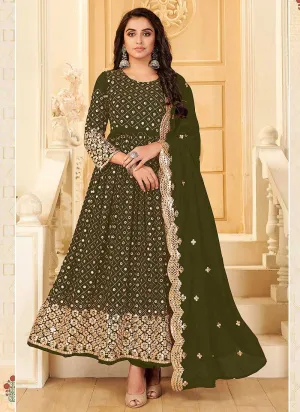 Green And Gold Mirror Embroidered Kalidar Gown Style Anarkali