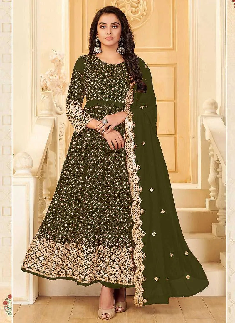 Green And Gold Mirror Embroidered Kalidar Gown Style Anarkali