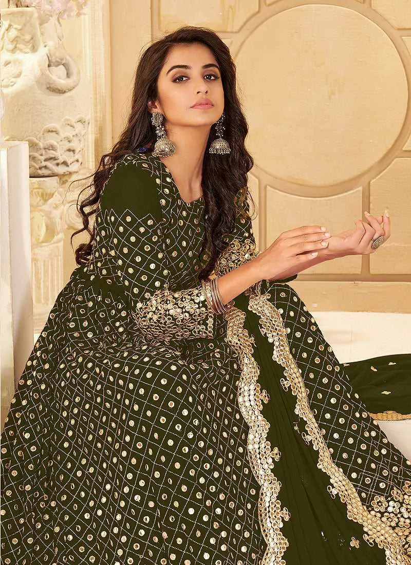 Green And Gold Mirror Embroidered Kalidar Gown Style Anarkali