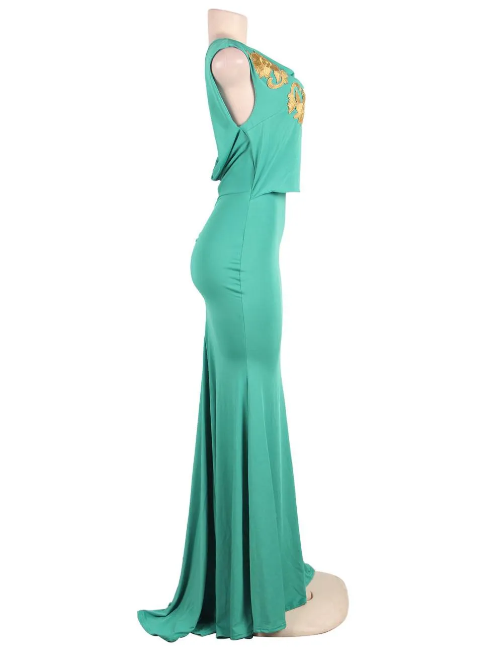 Green Elegant Embroidery Backless Sleeveless Party Gown