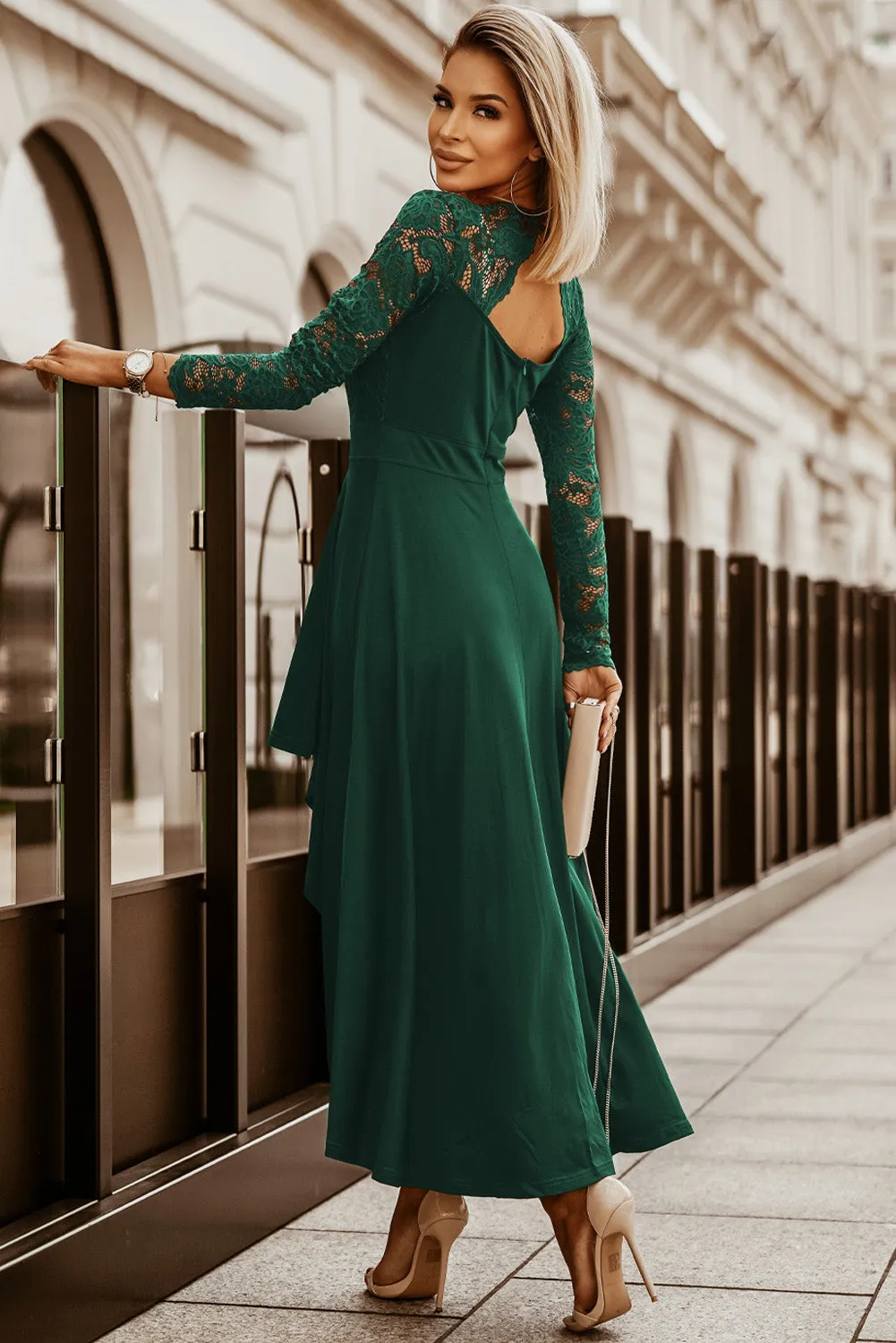 Green Long Sleeve Lace Evening Dress