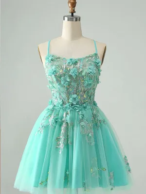 Green Spaghetti Straps Square Neck Lace Up Back A-line Graduation Party Short Homecoming Dresses Formal Evening Party Dresses, QB0829