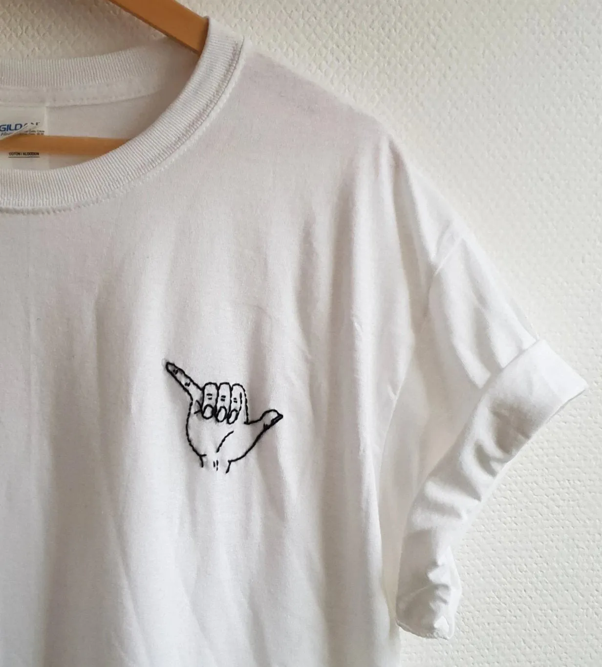 Hand Embroidered Shaka Surfer Hand Shirt
