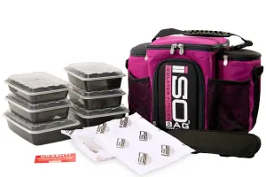 Isolator Fitness 3 Meal ISOBAG Meal Prep Management Insulated Lunch Bag Cooler with 6 Stackable Meal Prep Containers, 2 ISOBRICKS, and Shoulder Strap - MADE IN USA (Fuchsia/Black)