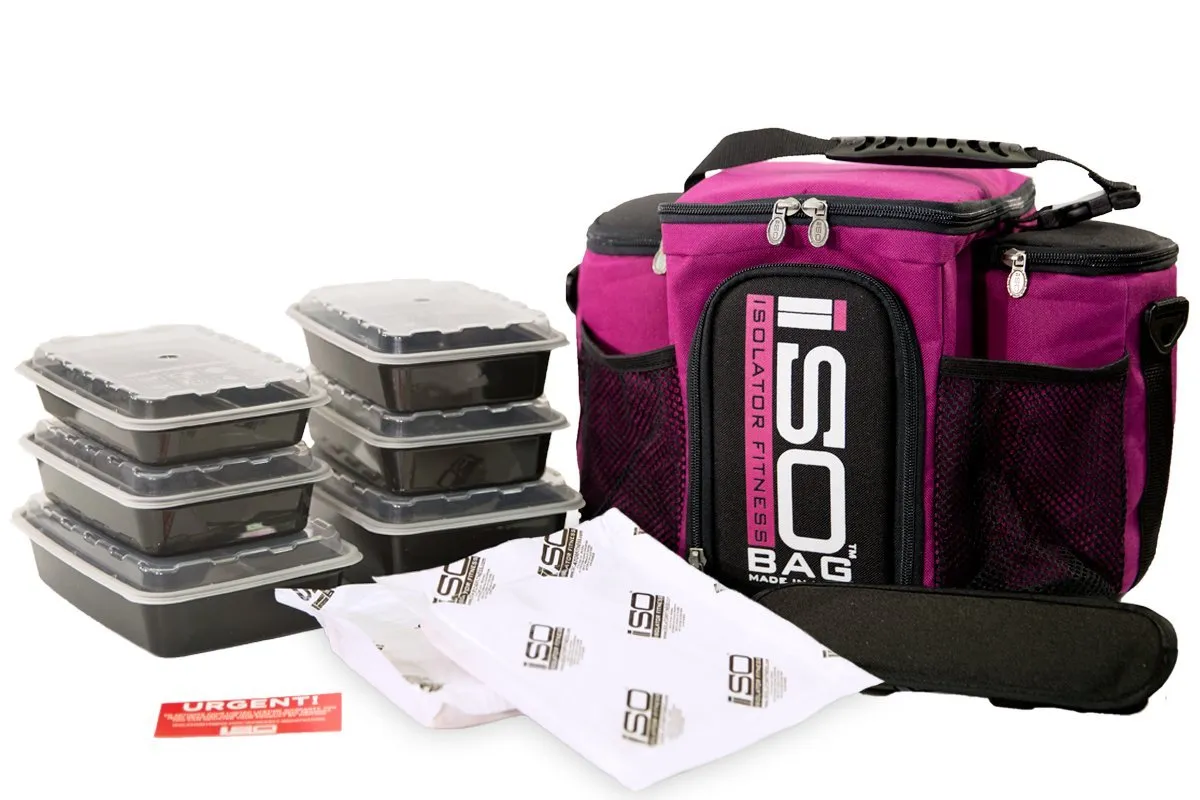 Isolator Fitness 3 Meal ISOBAG Meal Prep Management Insulated Lunch Bag Cooler with 6 Stackable Meal Prep Containers, 2 ISOBRICKS, and Shoulder Strap - MADE IN USA (Fuchsia/Black)