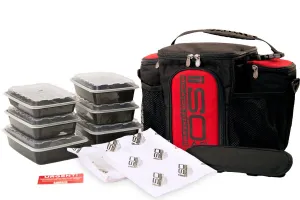 Isolator Fitness 3 Meal ISOBAG Meal Prep Management Insulated Lunch Bag Cooler with Stackable Meal Prep Containers, ISOBricks, and Strap - MADE IN USA (Black/Red Accent)