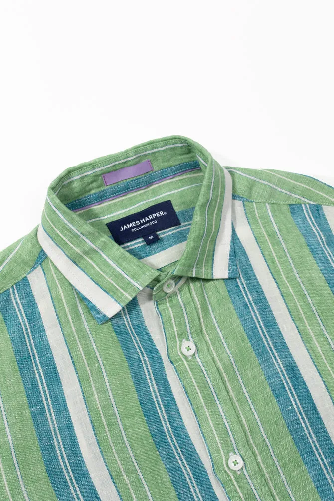 James Harper Beach Stripe Linen Short Sleeve Shirt - Green