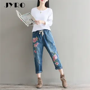 JYRO Brand Women's Pants New Loose Large Size Art Embroidery Elastic Waist Jeans Female Trousers