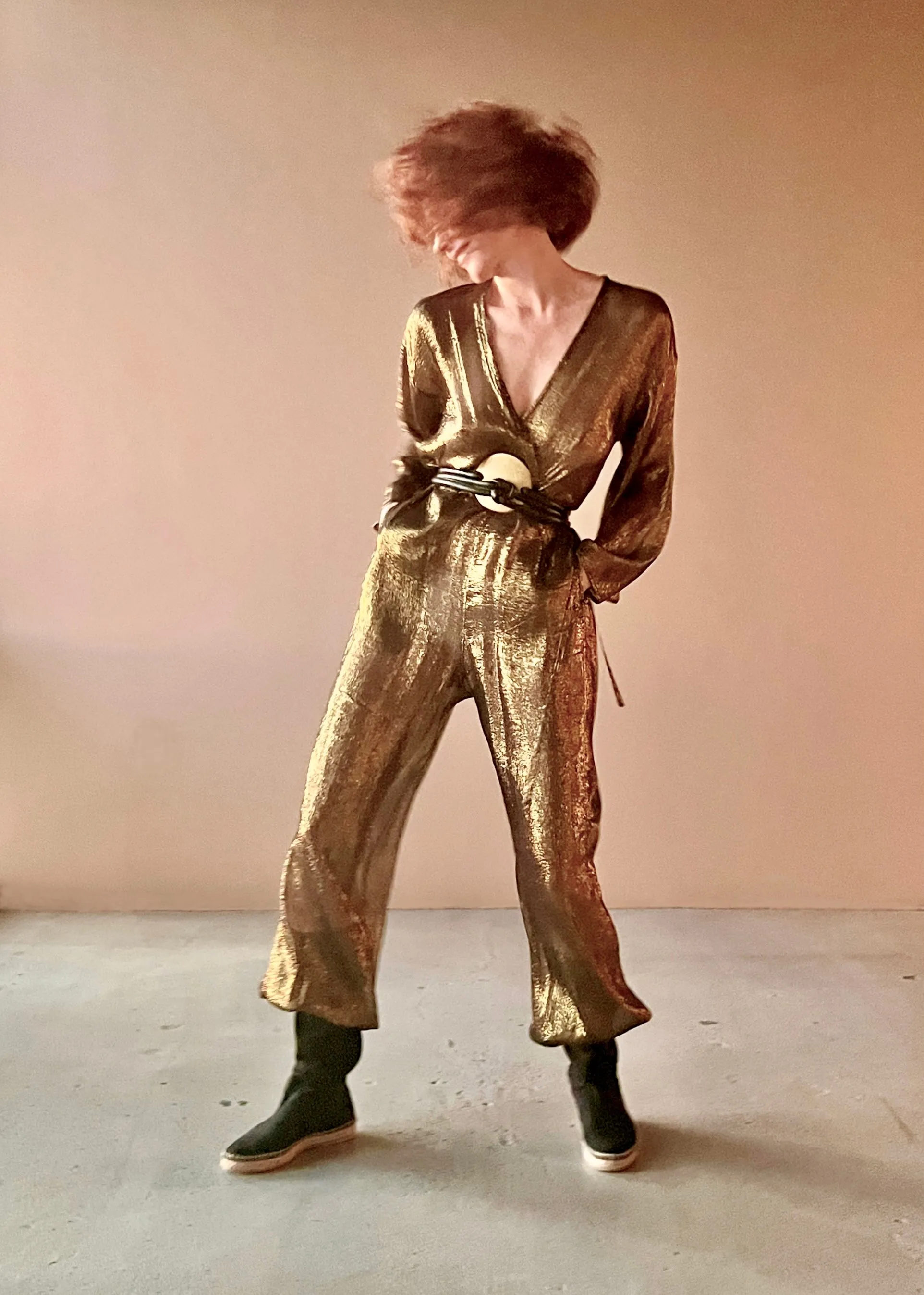 Kimono Jumpsuit Black & Gold Silk Chiffon Lame’