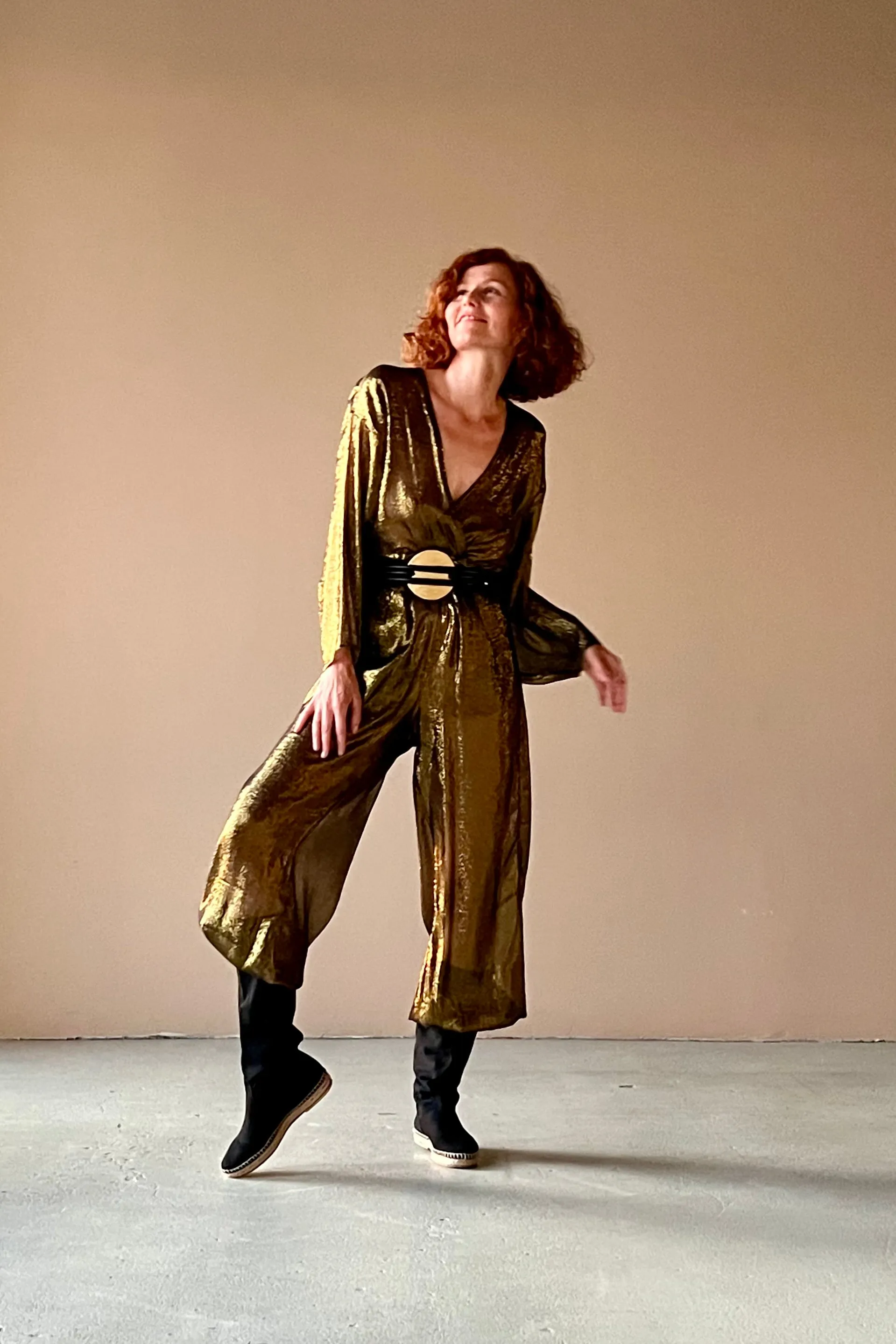 Kimono Jumpsuit Black & Gold Silk Chiffon Lame’