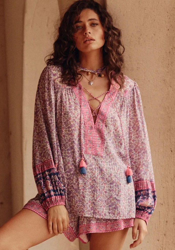 Little Bird Lace Up Blouse - Berry