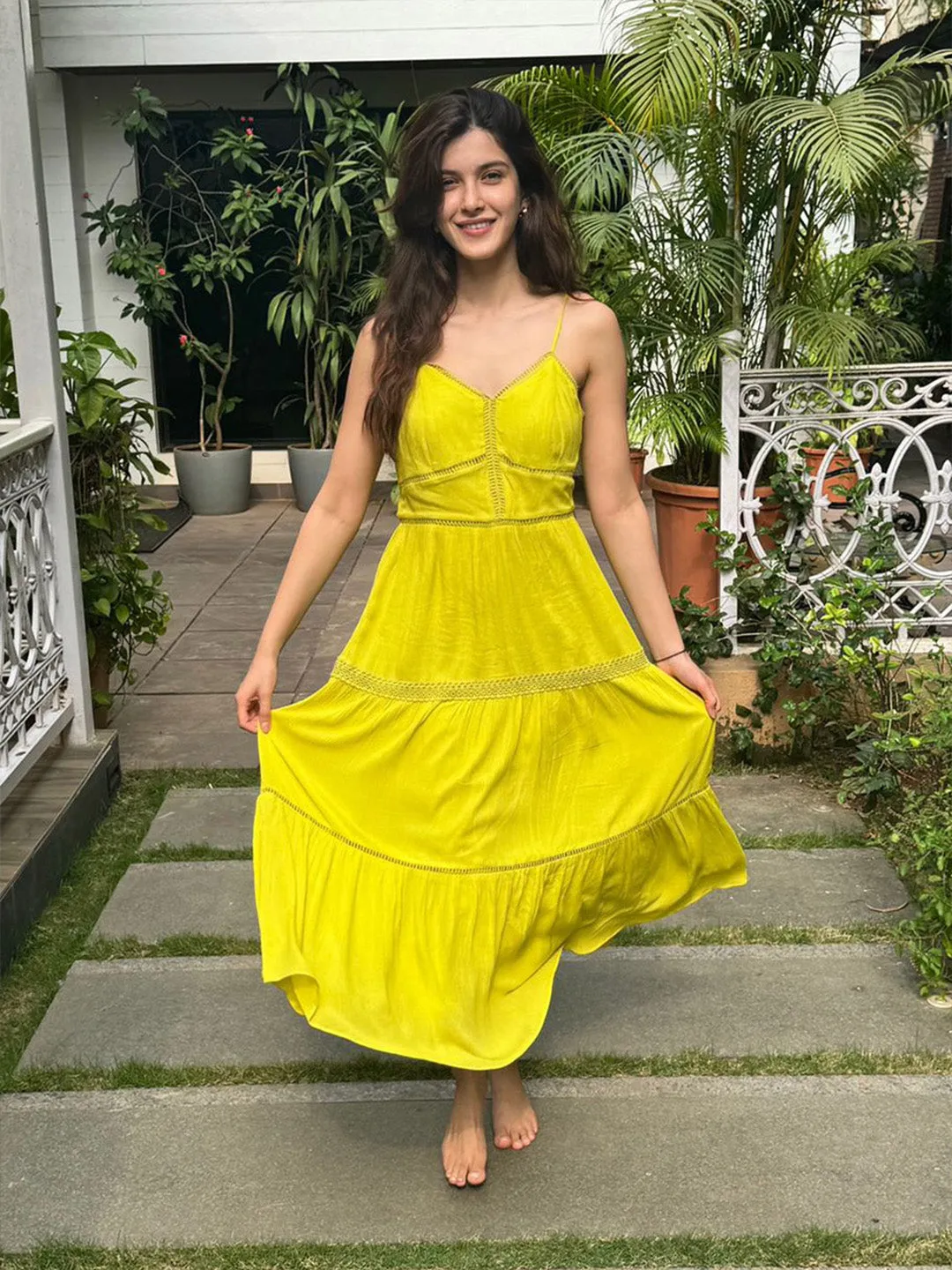 Madame Shanaya Kapoor Green Cotton Tiered Cami Dress