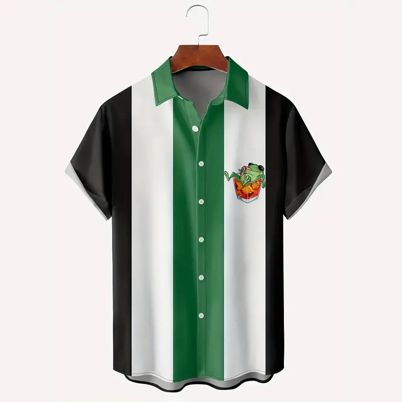 Men's Drinking Frog Print Short Sleeve Lapel Shirts