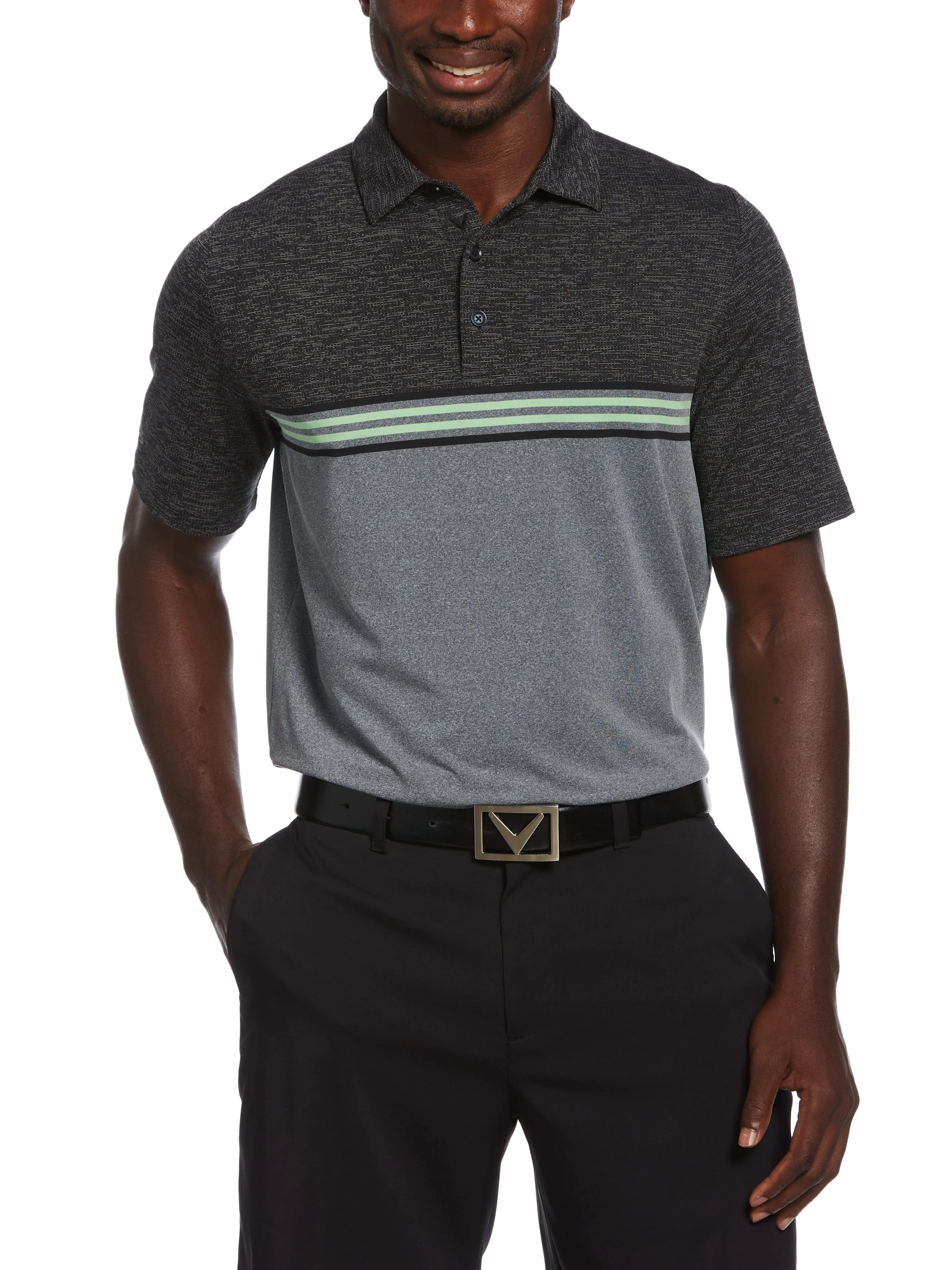 Mens Yarn Dyed Ventilated Jaspe Engineered Stripe Golf Polo
