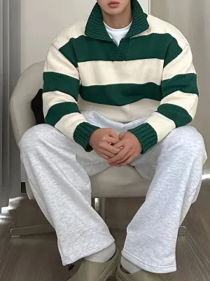 OLD MONEY GREEN COLOR BLOCK STRIPED KNITTED POLO PULLOVER