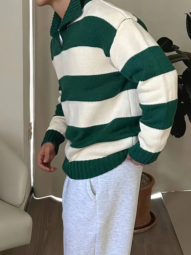 OLD MONEY GREEN COLOR BLOCK STRIPED KNITTED POLO PULLOVER