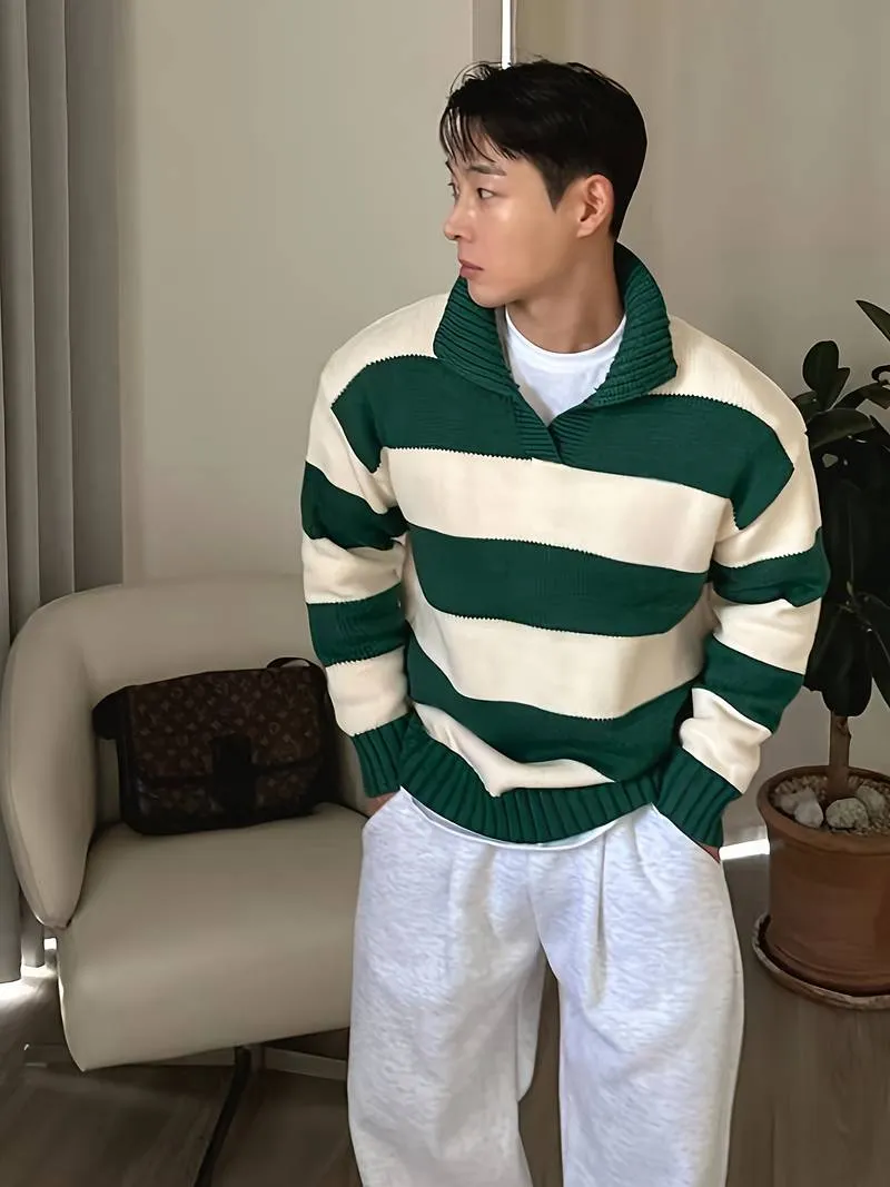 OLD MONEY GREEN COLOR BLOCK STRIPED KNITTED POLO PULLOVER