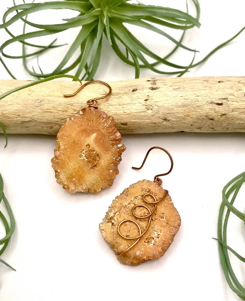 Orange Aura Geode Slice Earrings