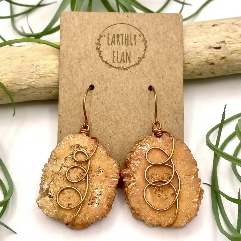Orange Aura Geode Slice Earrings