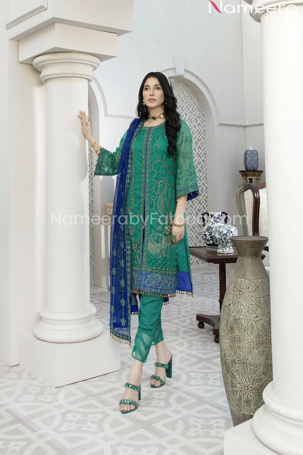 Pakistani Green Chiffon Dress for Wedding Party #BP176