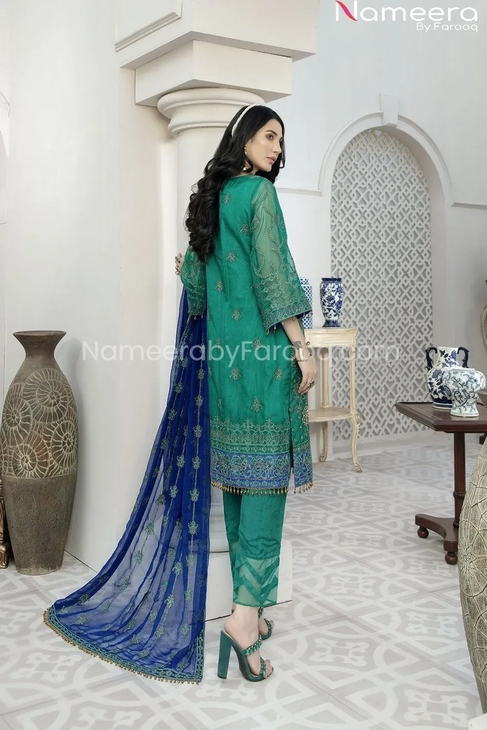 Pakistani Green Chiffon Dress for Wedding Party #BP176