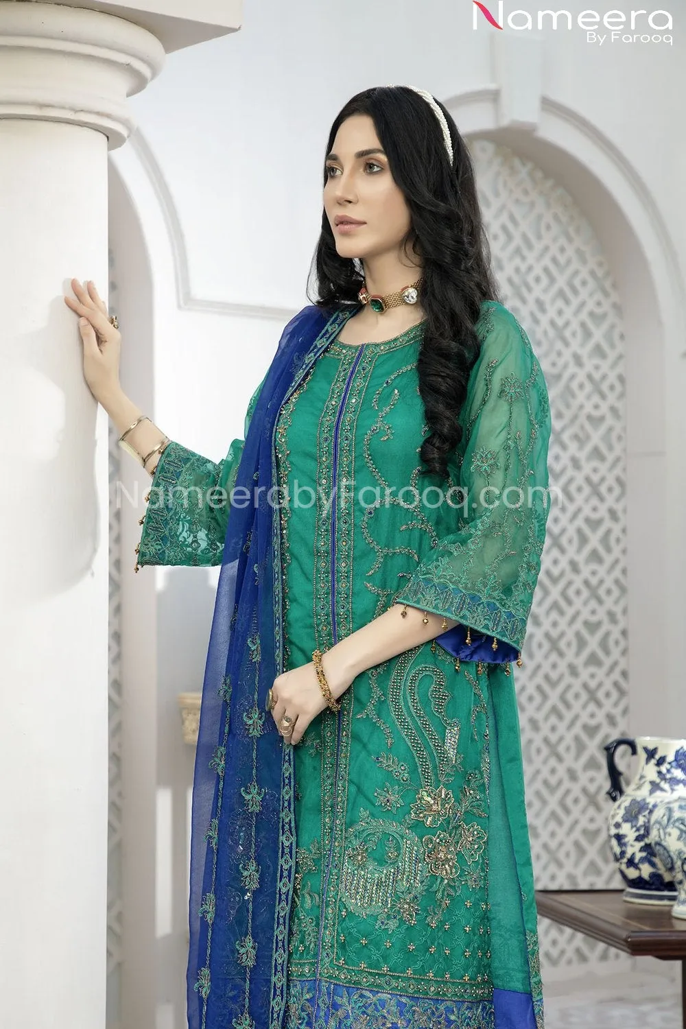 Pakistani Green Chiffon Dress for Wedding Party #BP176