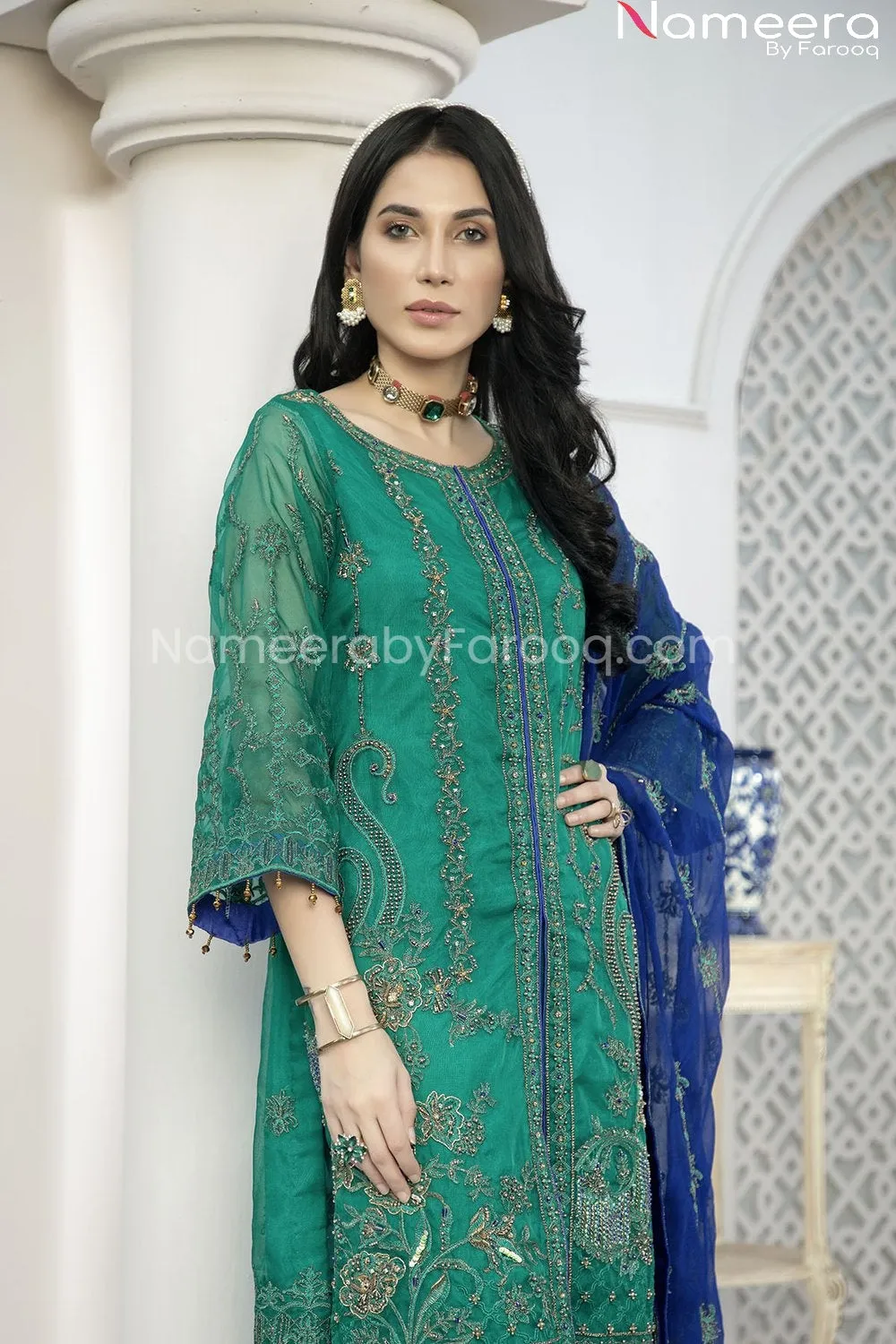 Pakistani Green Chiffon Dress for Wedding Party #BP176