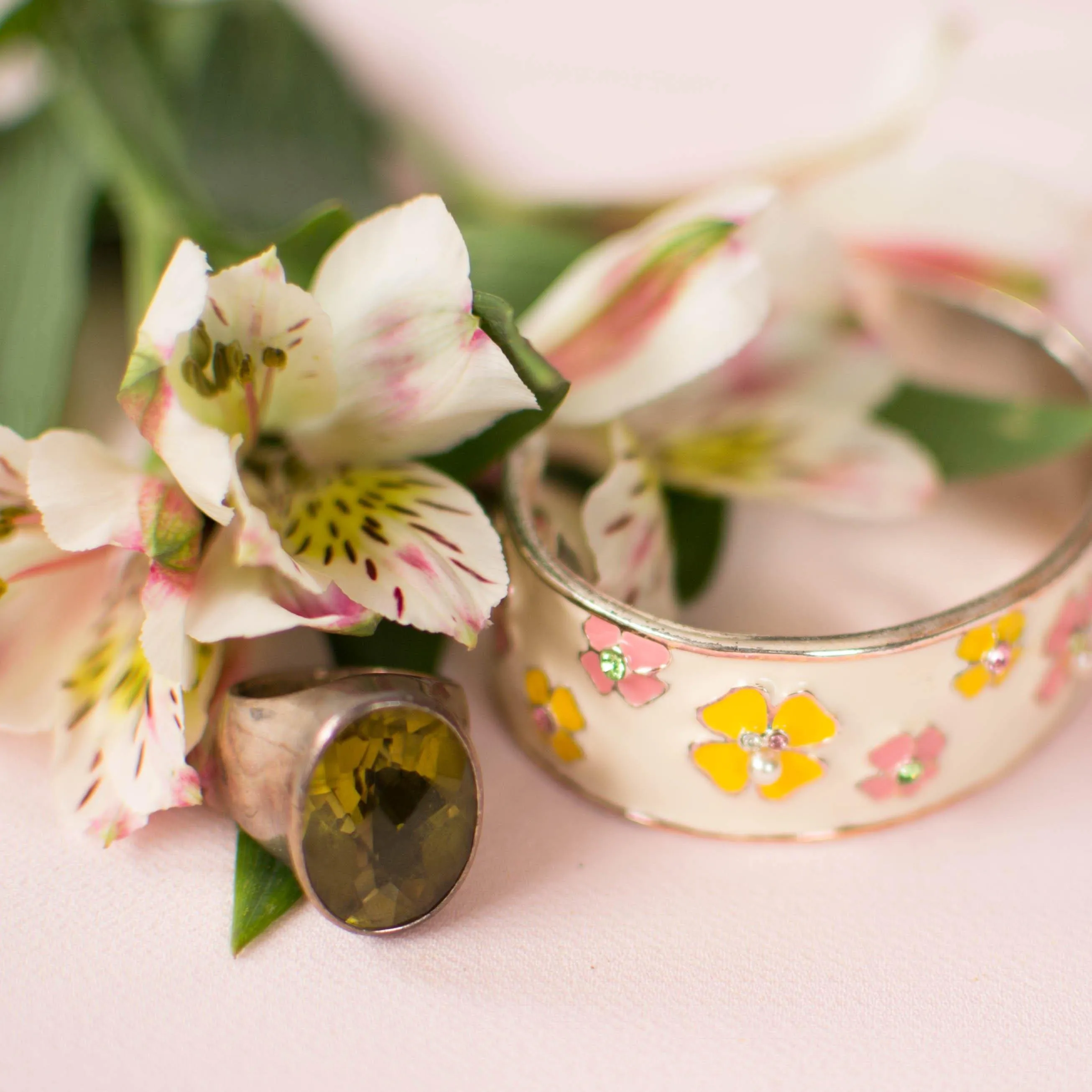 Pink and Yellow Flower White Enamel Cuff Bracelet with Rhinestones, Pearls