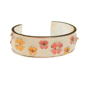 Pink and Yellow Flower White Enamel Cuff Bracelet with Rhinestones, Pearls