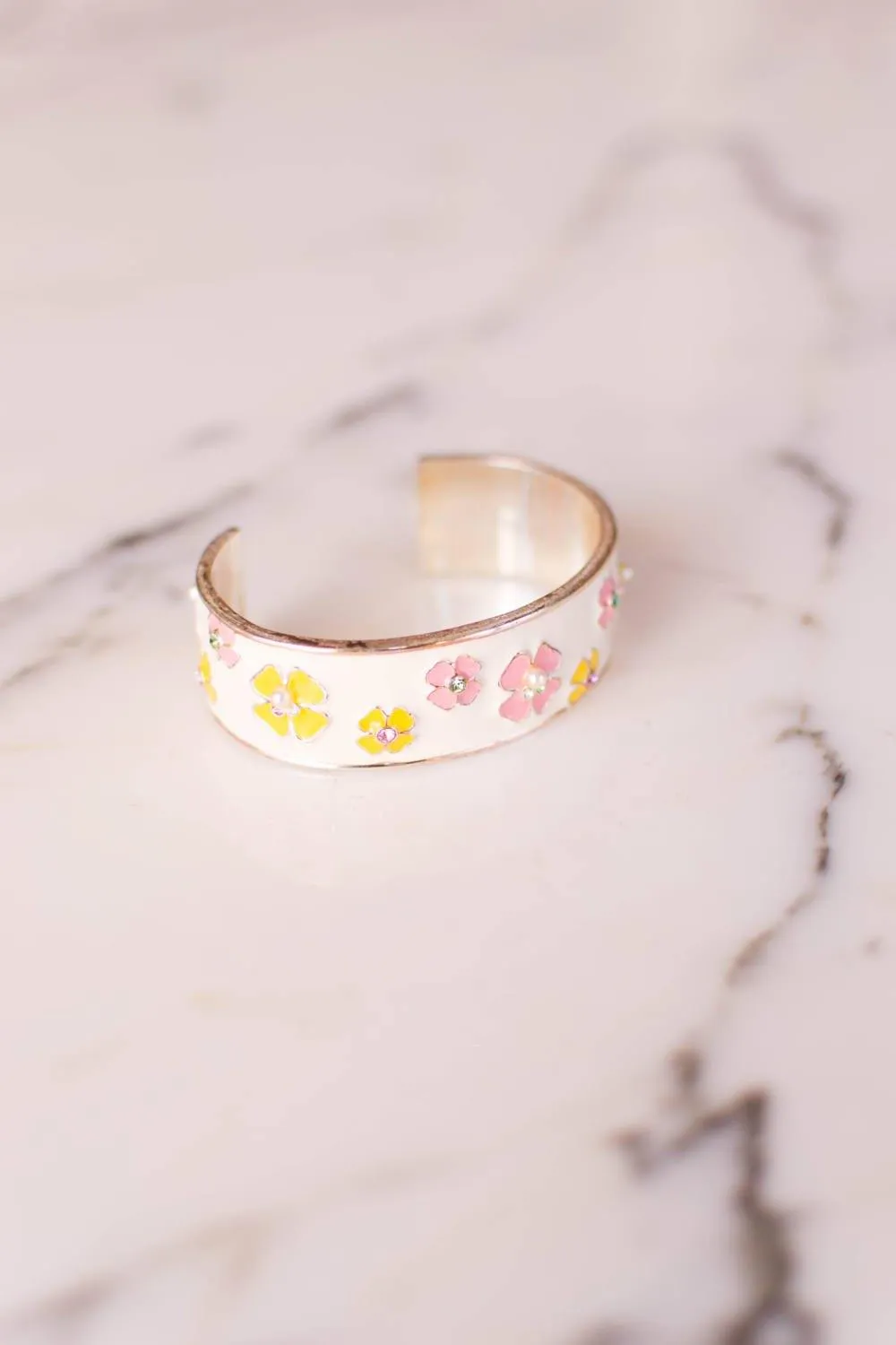 Pink and Yellow Flower White Enamel Cuff Bracelet with Rhinestones, Pearls
