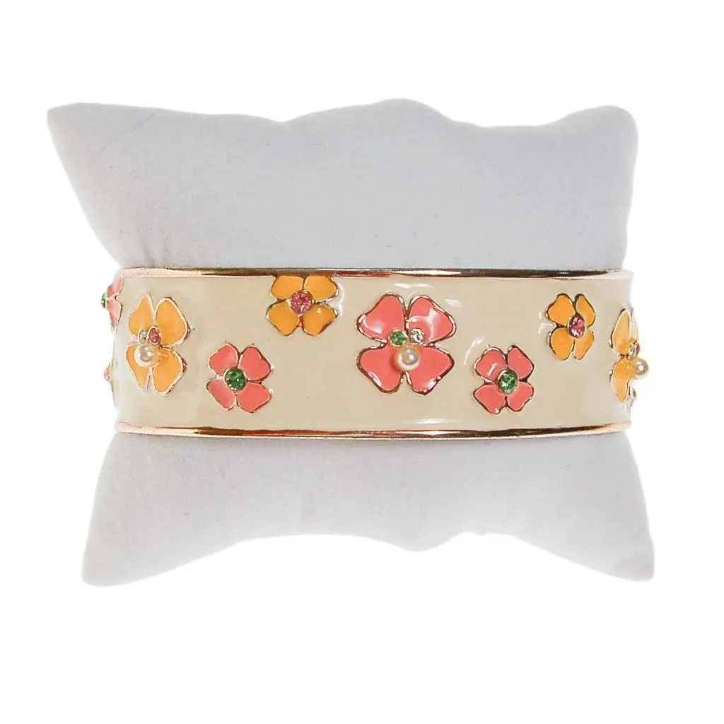 Pink and Yellow Flower White Enamel Cuff Bracelet with Rhinestones, Pearls