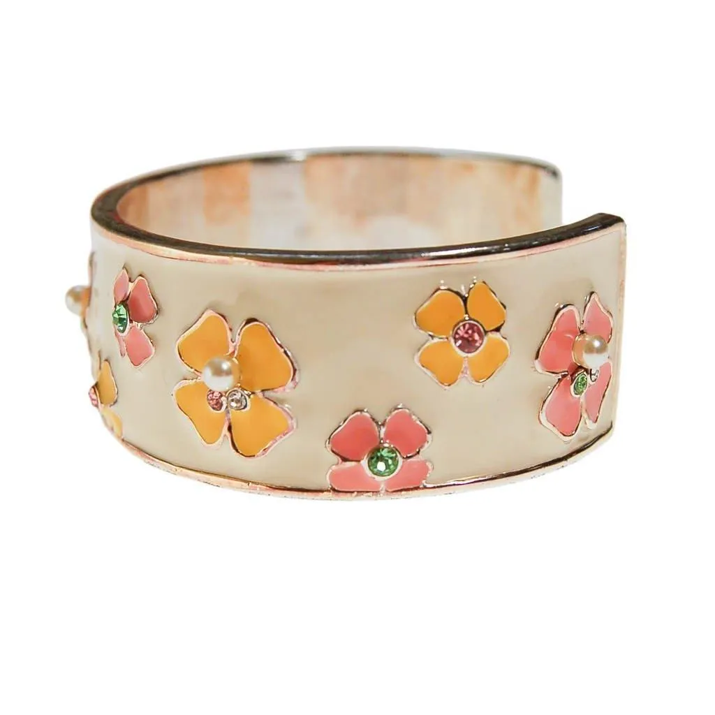 Pink and Yellow Flower White Enamel Cuff Bracelet with Rhinestones, Pearls