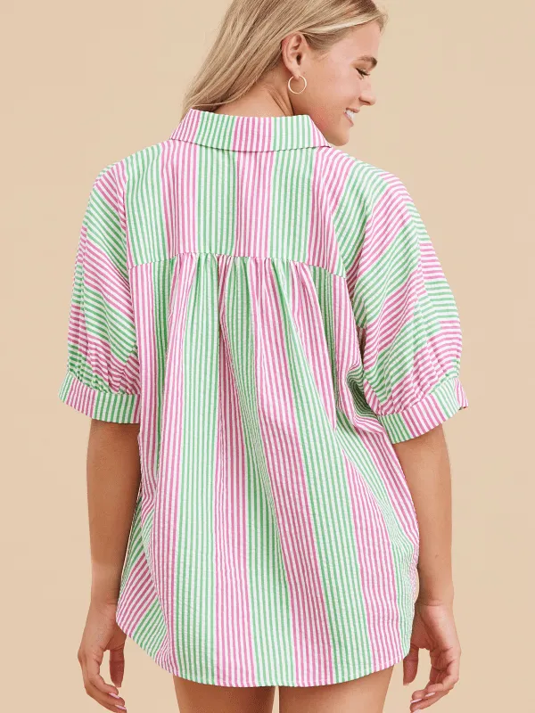 Pink   Green Striped Button Up