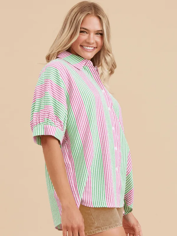 Pink   Green Striped Button Up