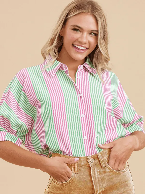 Pink   Green Striped Button Up