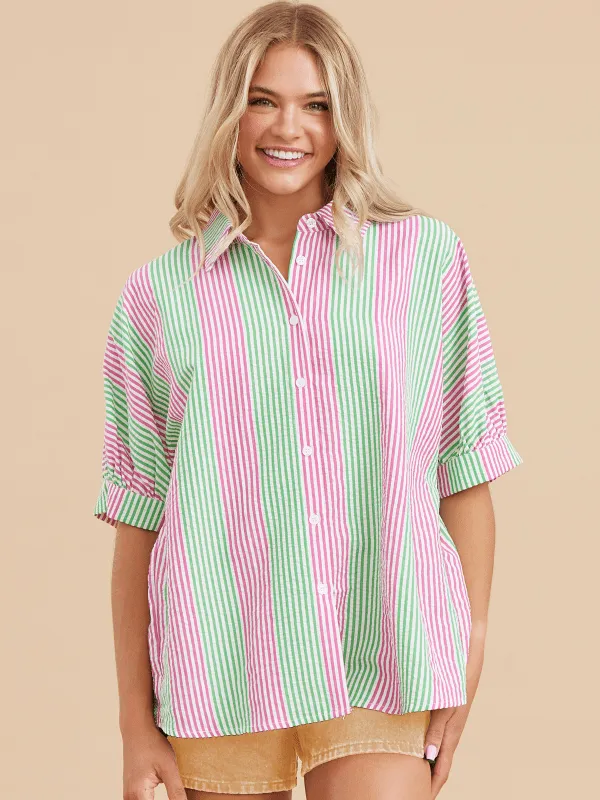 Pink   Green Striped Button Up