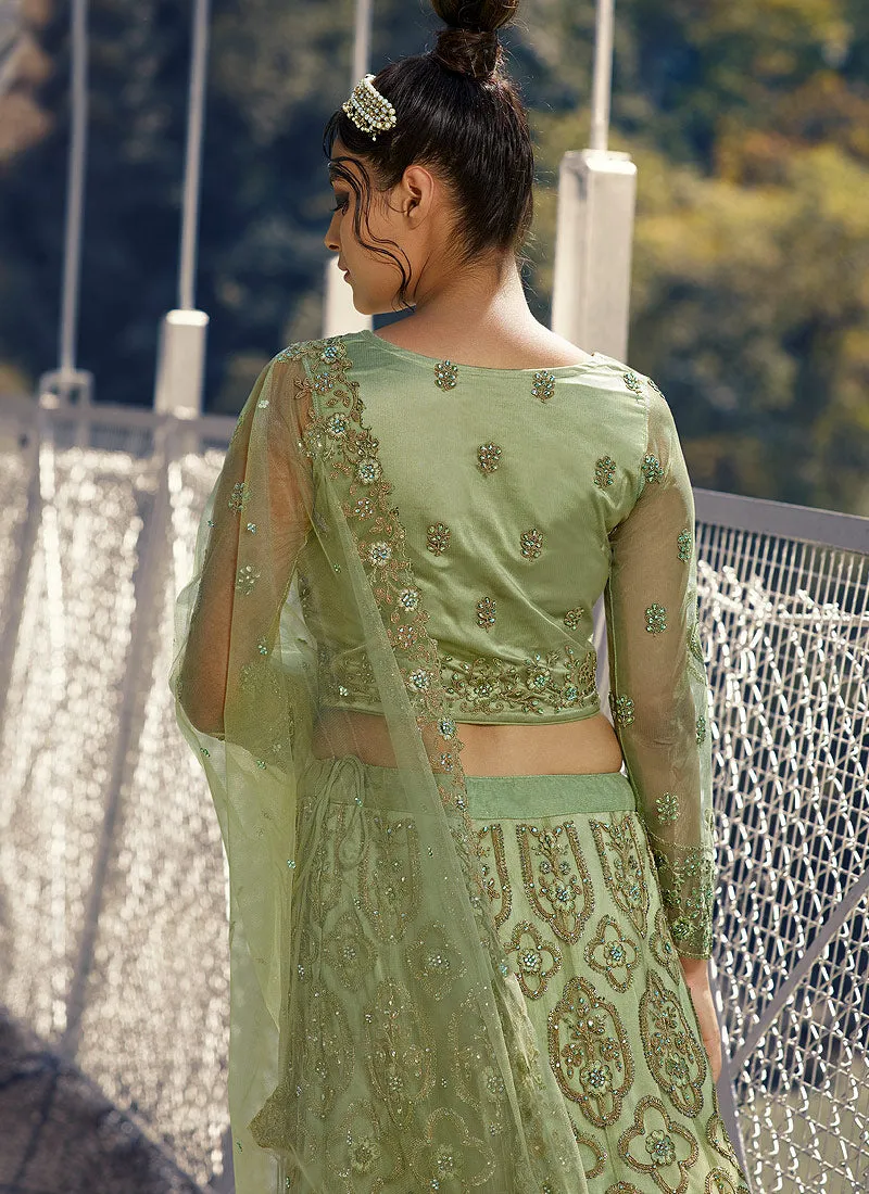 Pista Green And Golden Embroidered Designer Lehenga Choli