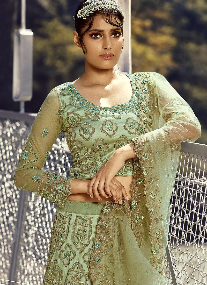Pista Green And Golden Embroidered Designer Lehenga Choli