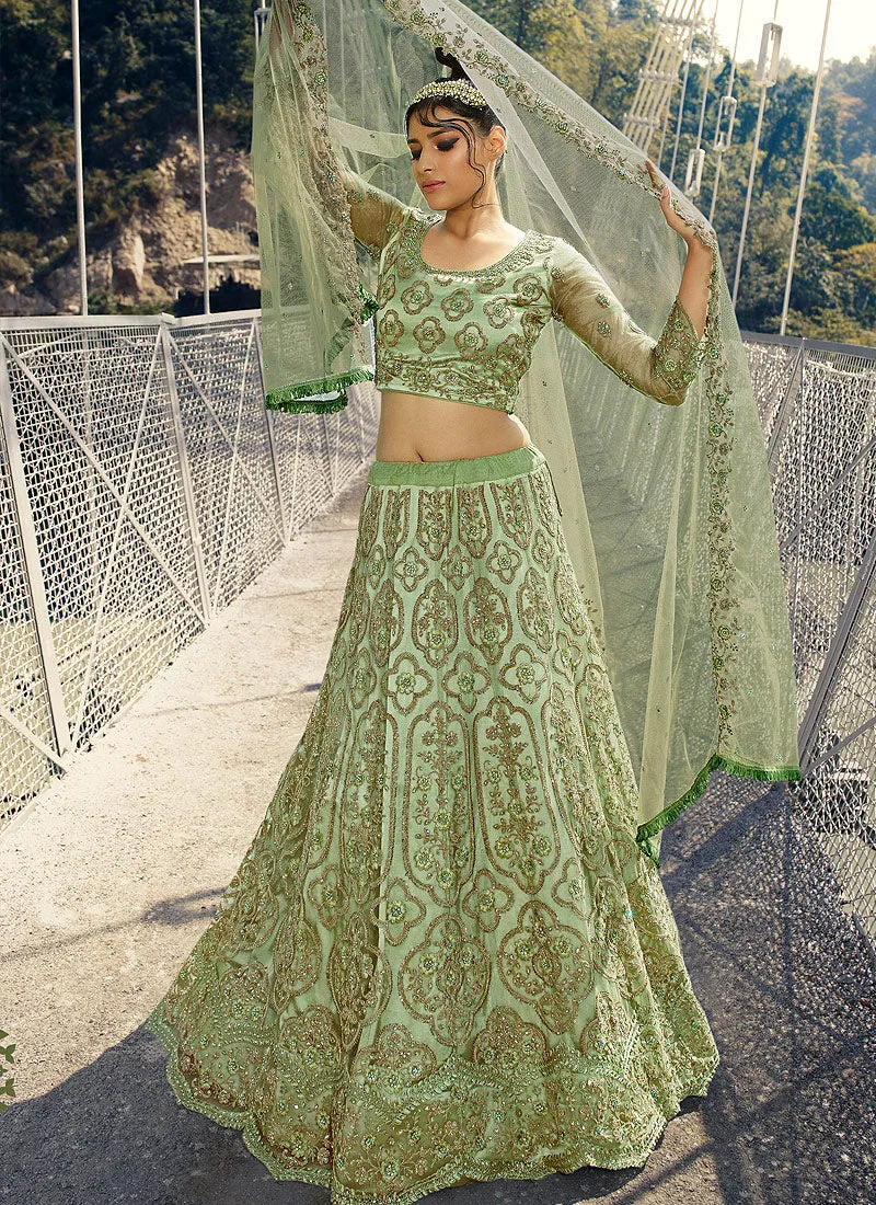 Pista Green And Golden Embroidered Designer Lehenga Choli