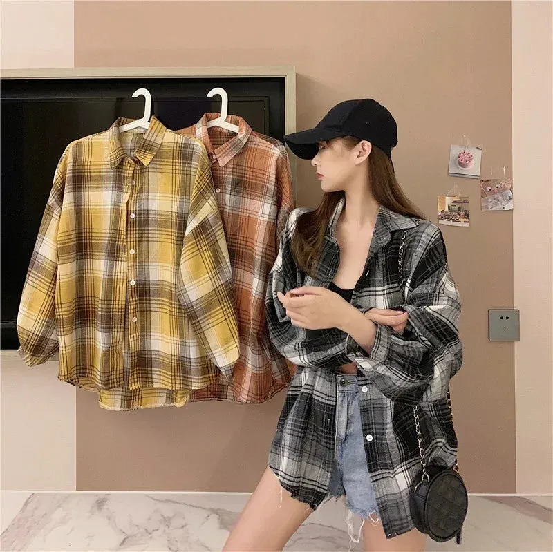 Plaid Shirt Women Autumn Long Sleeve Top Female Vintage Fashion Single Breasted Blouse Ladies Preppy Style Loose Check Shirts