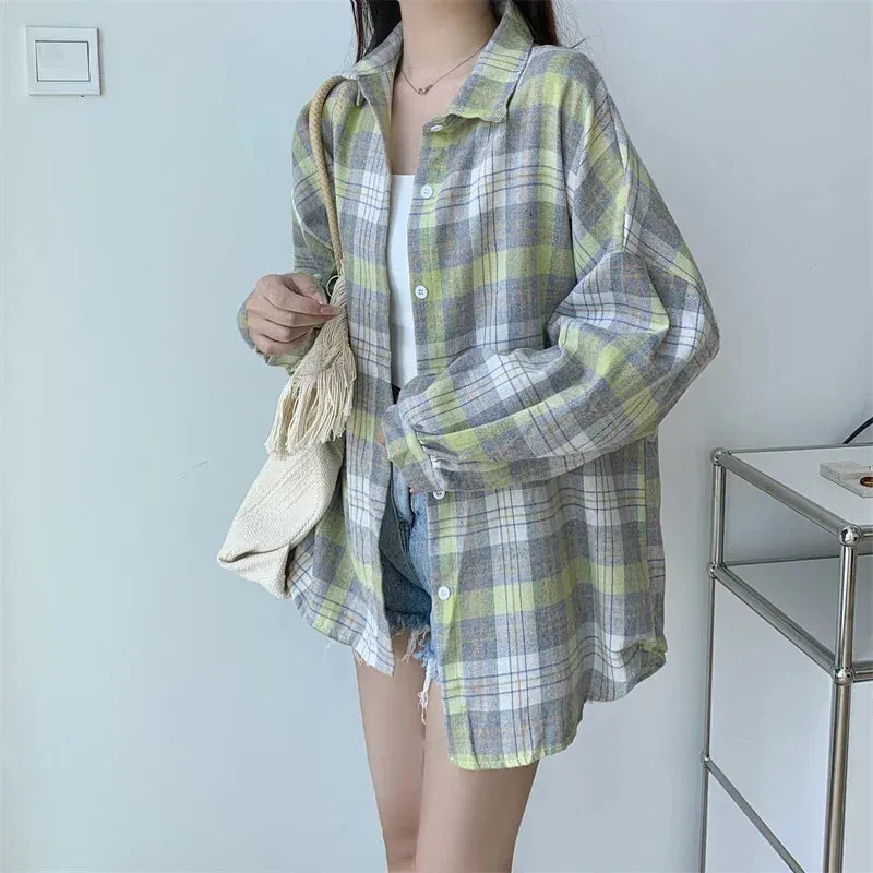 Plaid Shirt Women Autumn Long Sleeve Top Female Vintage Fashion Single Breasted Blouse Ladies Preppy Style Loose Check Shirts