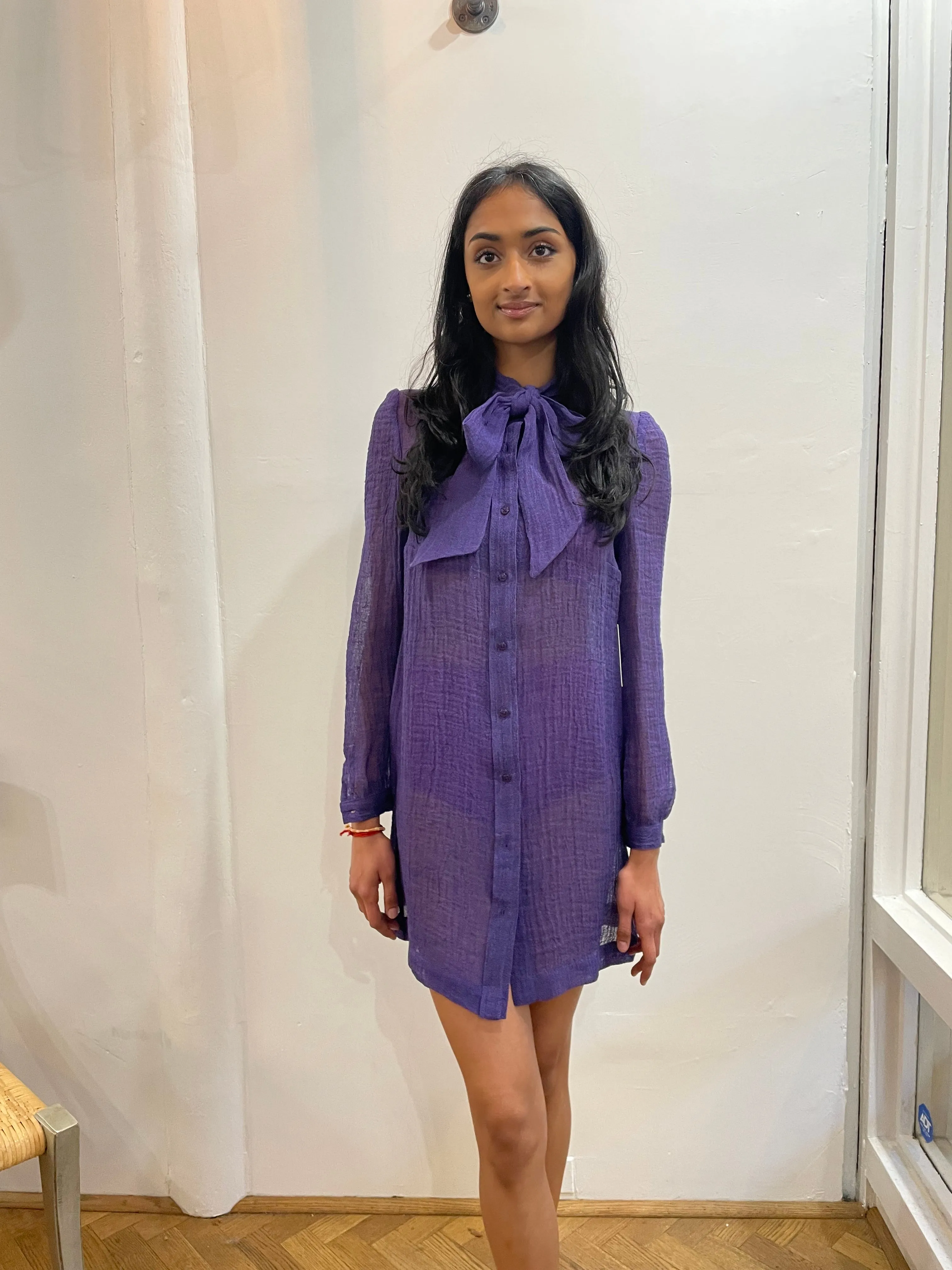 Pussy Bow Shirt Dress Short - Blueberry Sorrento Gauze