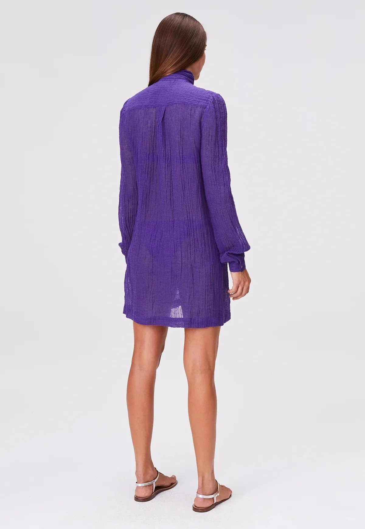 Pussy Bow Shirt Dress Short - Blueberry Sorrento Gauze