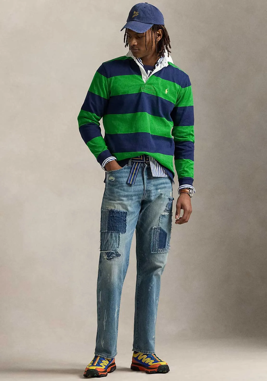 Ralph Lauren Iconic Striped Rugby Polo Shirt, Newport Navy & Green