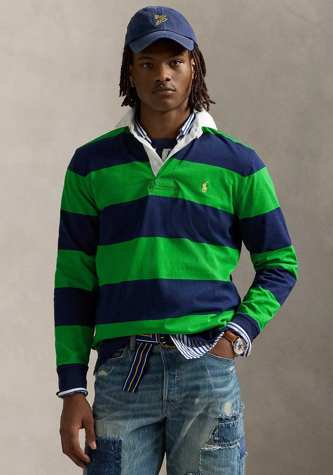 Ralph Lauren Iconic Striped Rugby Polo Shirt, Newport Navy & Green