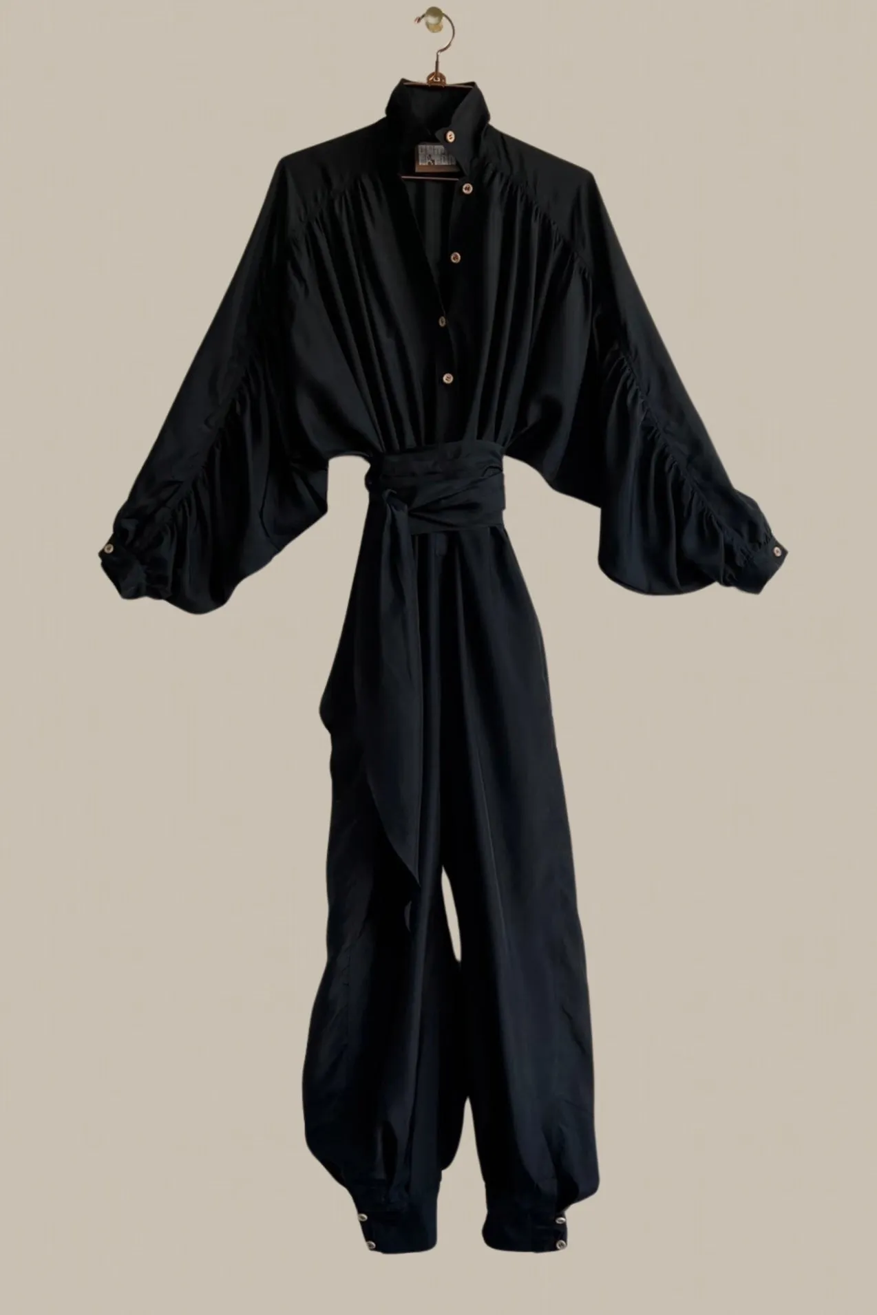 Rimbaud Jumpsuit with Infinite Sash Belt Black Parachute Silk {Made to Order}