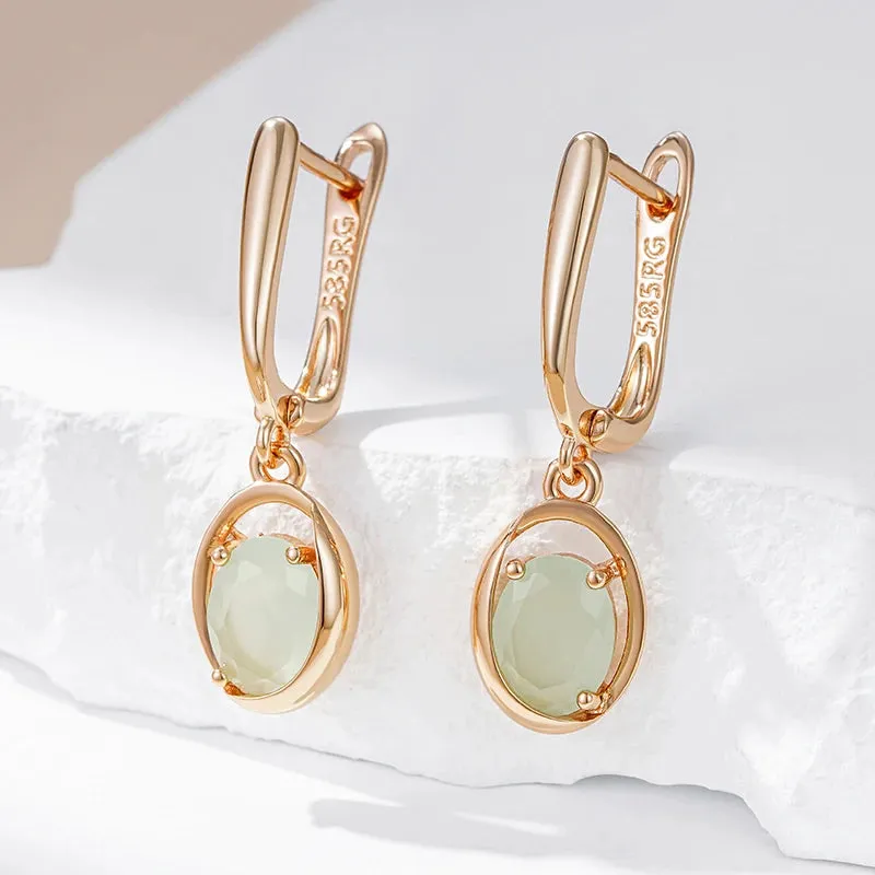 Rose Gold Oval Green Zircon Drop Earrings – Vintage Dangle Earrings