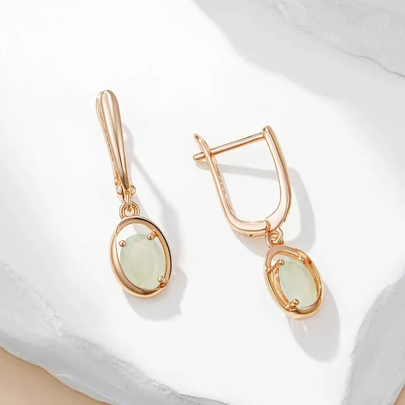 Rose Gold Oval Green Zircon Drop Earrings – Vintage Dangle Earrings