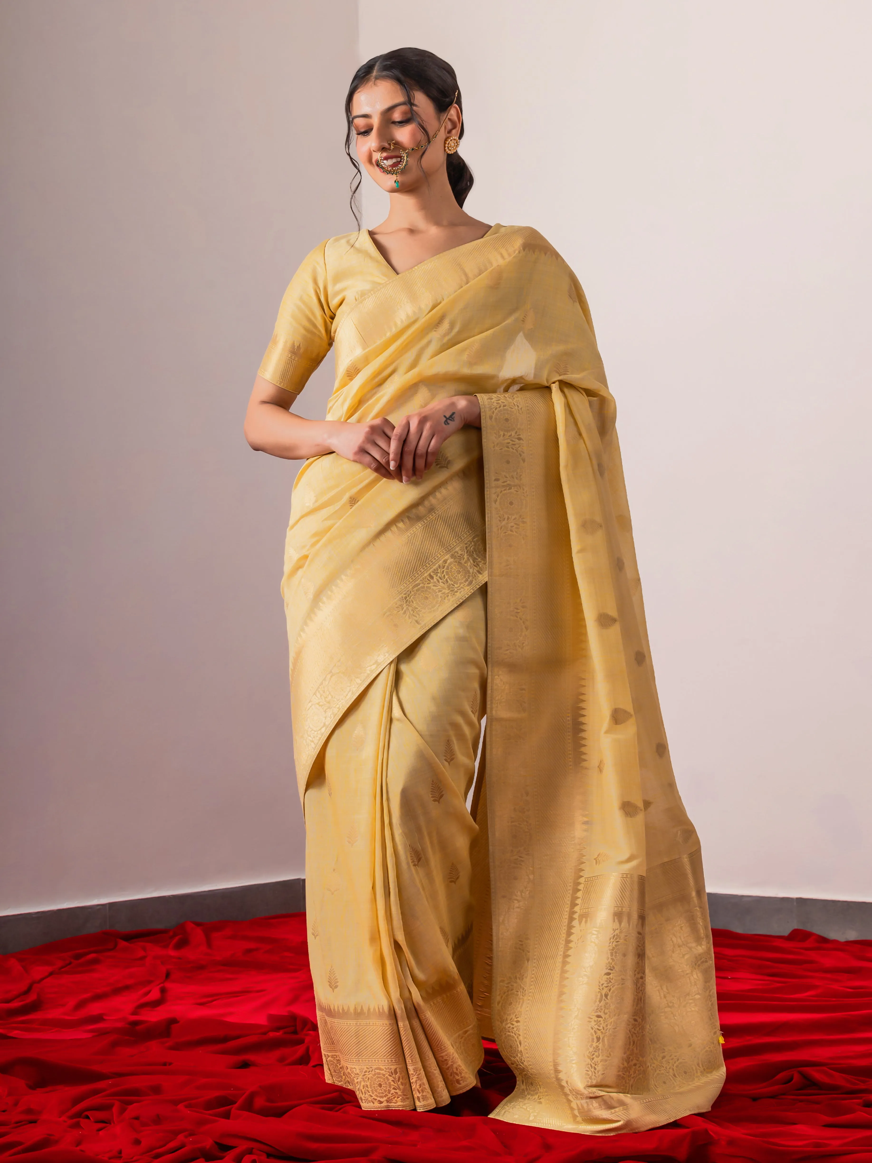 Saba Cream Soft Silk Saree with Blouse Fabric