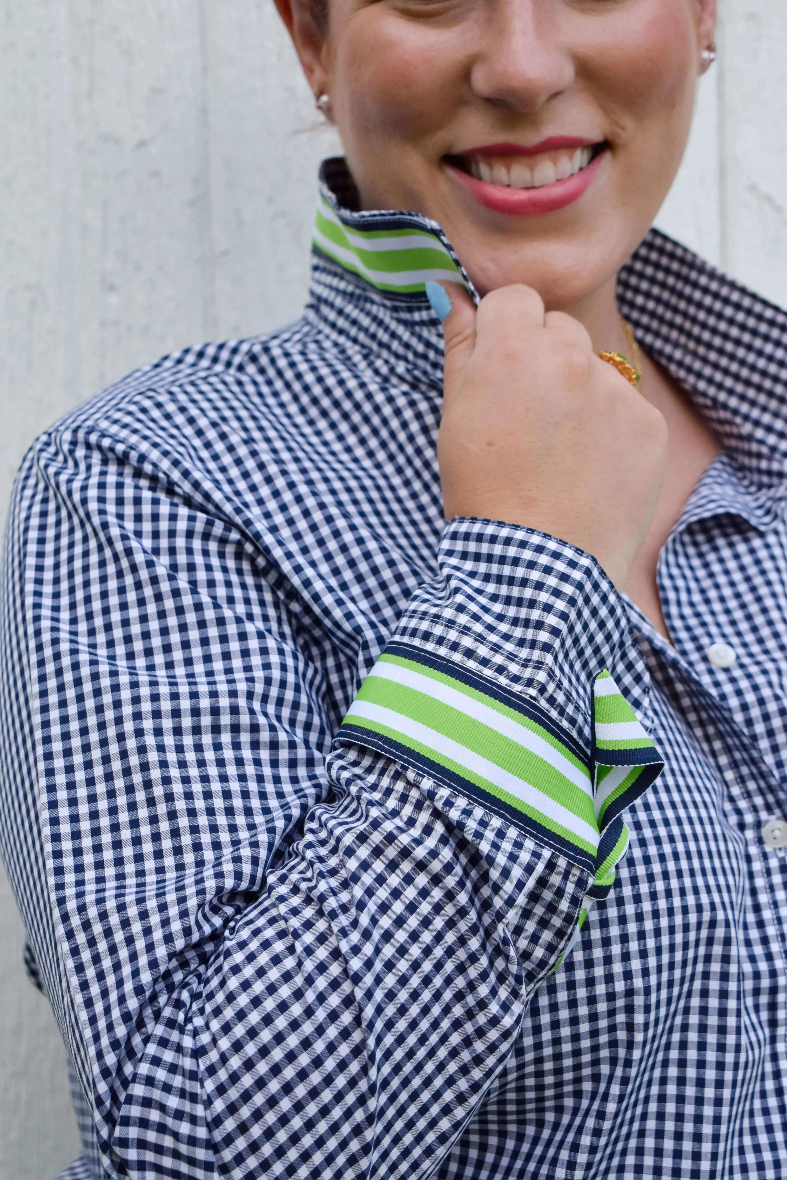 SALE - L & 2XL ONLY - Audrey Navy Gingham Ribbon French Cuff Shirt  (RFC13) *FINAL SALE*